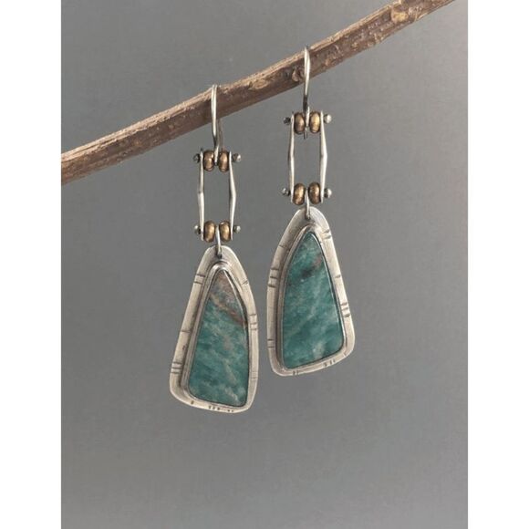 SILVER TURQUOISE WESTERN BOHO DANGLE EARRINGS - Picture 1 of 4